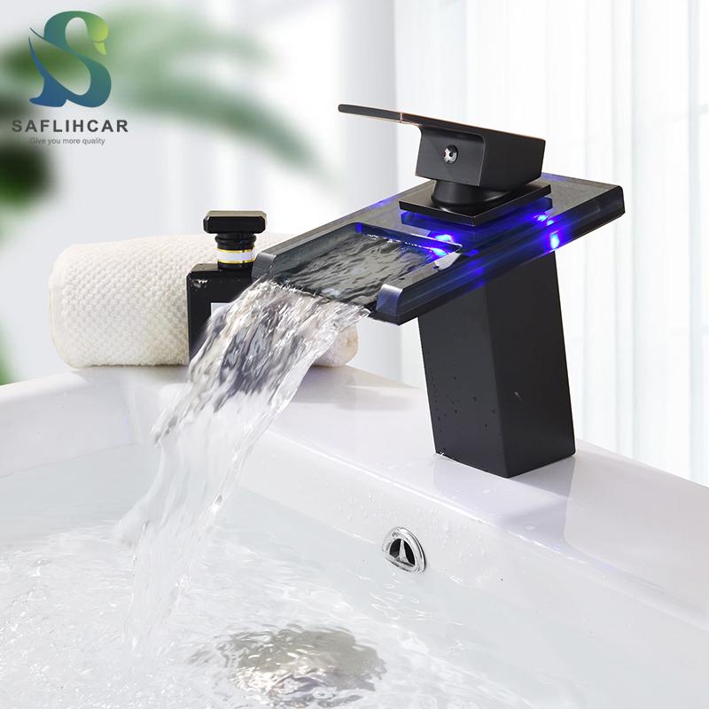 

Bathroom Vanity Faucet With 3-color Variable LED Anti-scald Contemporary Glass Waterfall Spout Hot Cold Water Mixer Basin Faucet
