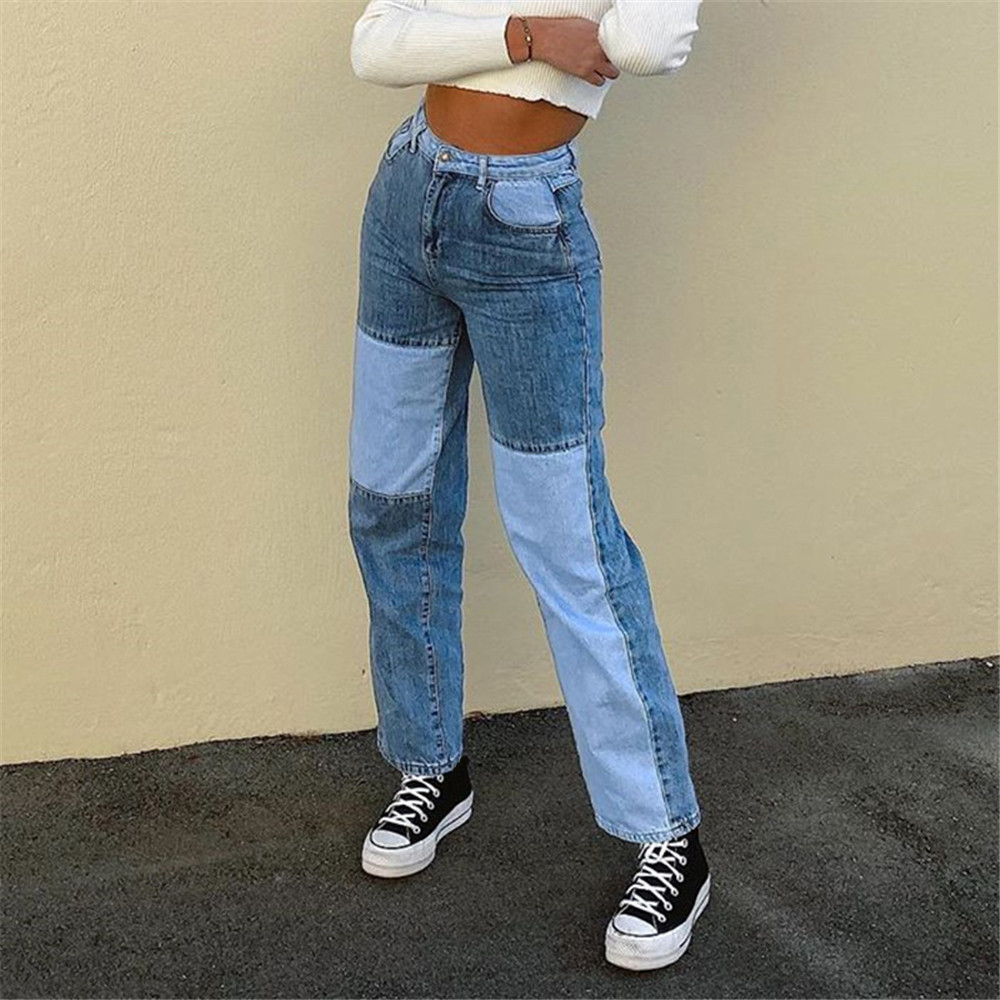 

2021 Retalhos Baggy Brim De Cintura Alta Mulheres Vintage Denim Streetwear Feminino Rasgado Perna Larga Joggers Calas Retas Djuc, Purple