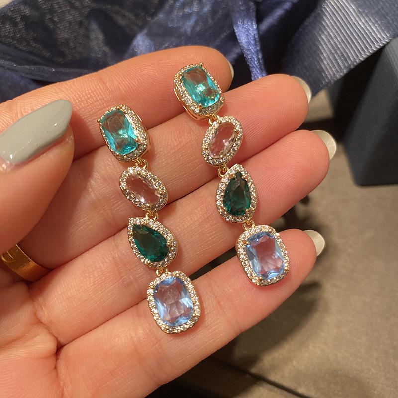 

New For Women Colored string spliced long earrings red green Crystal Zircon Earrings Vintage Luxury Fashion Party Gift Jewelry