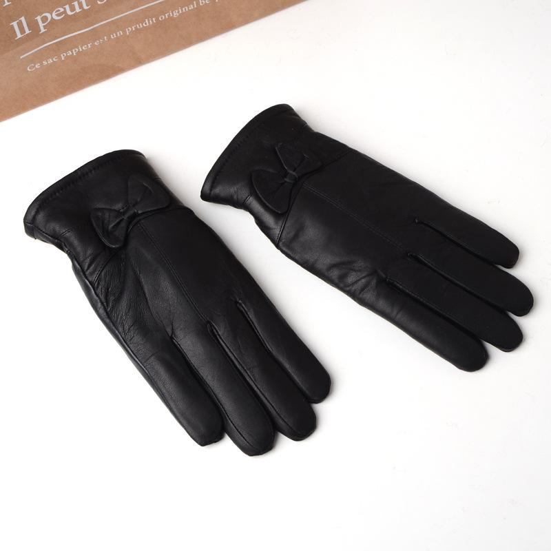 

864564 leather gloves Women winter sheepskin plus velvet padded warm short driving cycling finger gloves leather