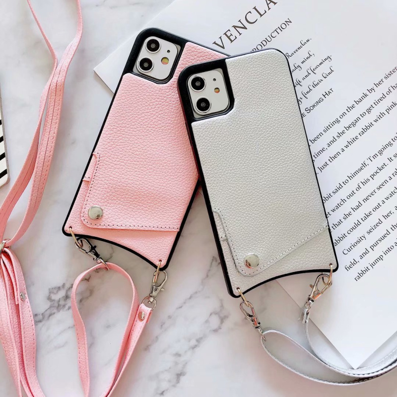 

New PU leather lychee pattern card case for iPhone 13 12 7 8 Plus X XR XS MAX diagonal strap for iPhone 11 11Pro MAX protective case, Pink