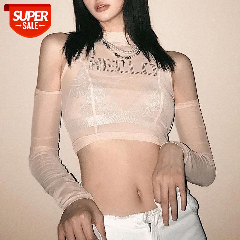 

ArtSu bodycon see-through mesh fabric Strapless tees croptop female kpop leisure Rhinestone street wear mujer slim clother #Uo3c, White