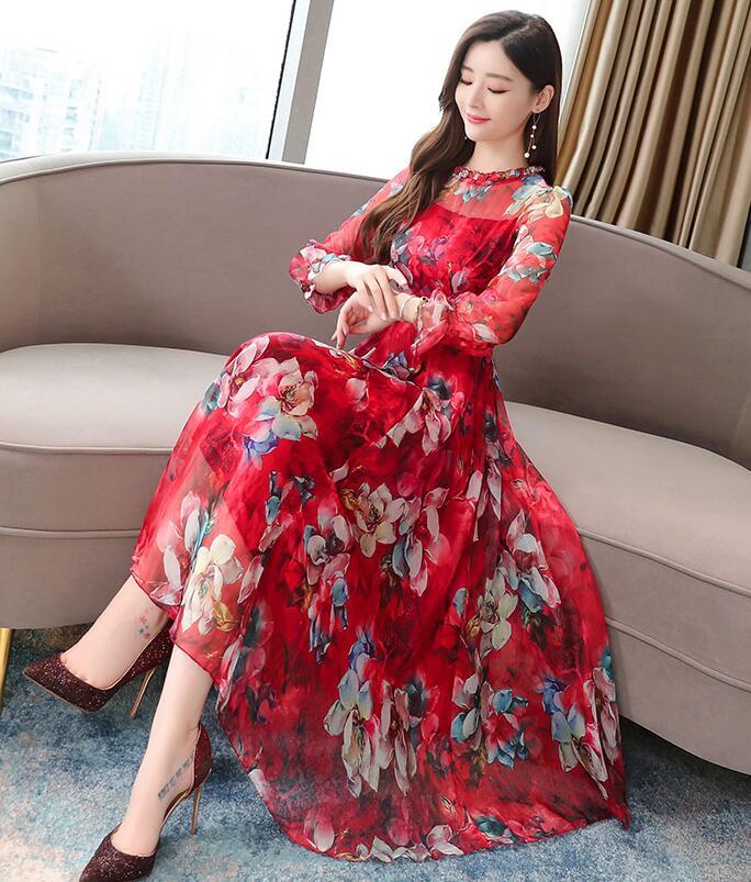 

2021 Chiffon Flower Dress Korean Version of Autumn New The-neck Fashion Sexy Sleeve Section Long 7YQX, Purple