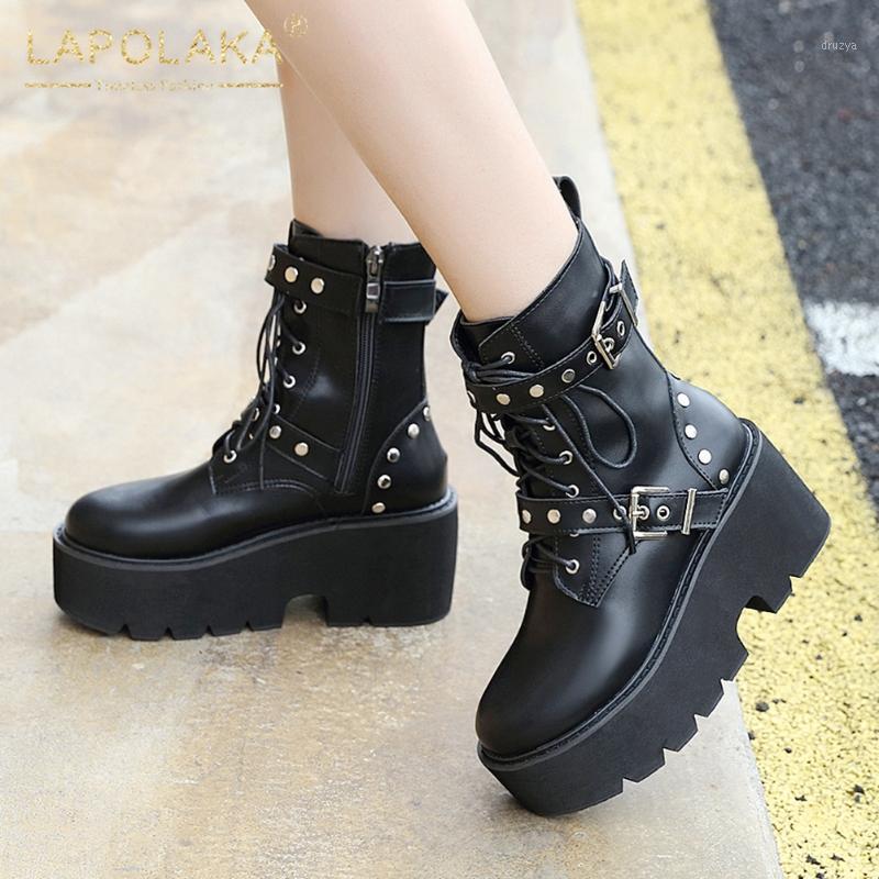 

Lapolaka 2020 New Design Motorcycle Boots Female Platform High Square Heel Zip up Fashion Buckle Ankle Boots Woman Shoes Winter1, Black