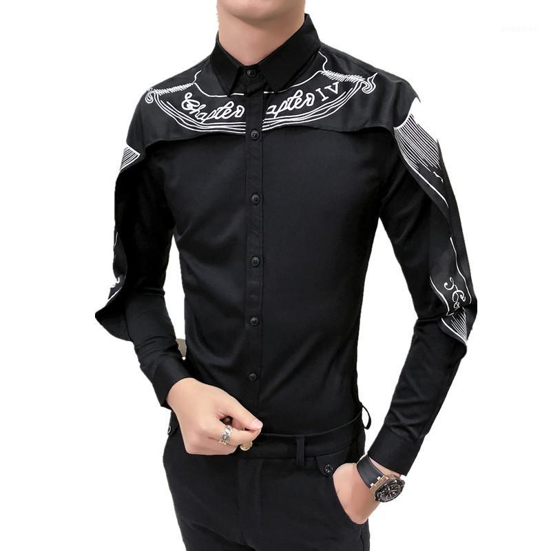 

Men's Dress Shirts Designer Shirt Korean Fashion 2021 Long Sleeve Slim Fit Gothic Camisa Men Wedding Patchwork Black White1