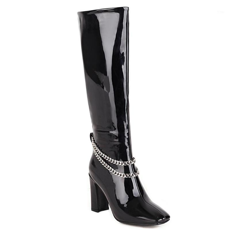 

Oversized Metal Chain Super High Heel Patent Leather Knee-Length Boots Square Toe Thick Heel Shiny Leather Burgundy Warm Boots1, Black winter