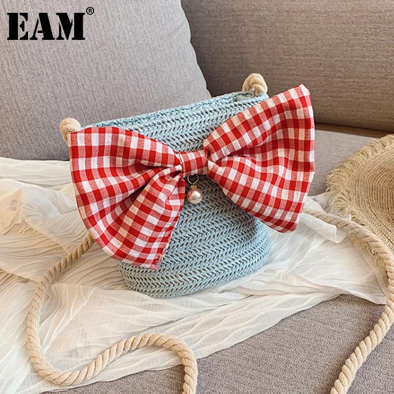 

[EAM] Women New small Cute Plaid Bow Straw Bucket Bag Personality All-match Crossbody Shoulder Bag Fashion Tide 2021 18A1153, Yellow