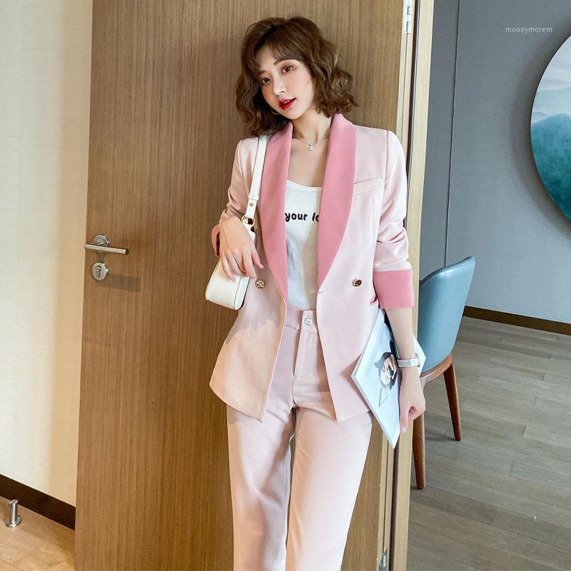 

Pant Suits Set Women' Spring Autumn Female Professional Office Lady Blazer Slim Pink Suit Jacket+ Pants Feet Pants Two Sets1