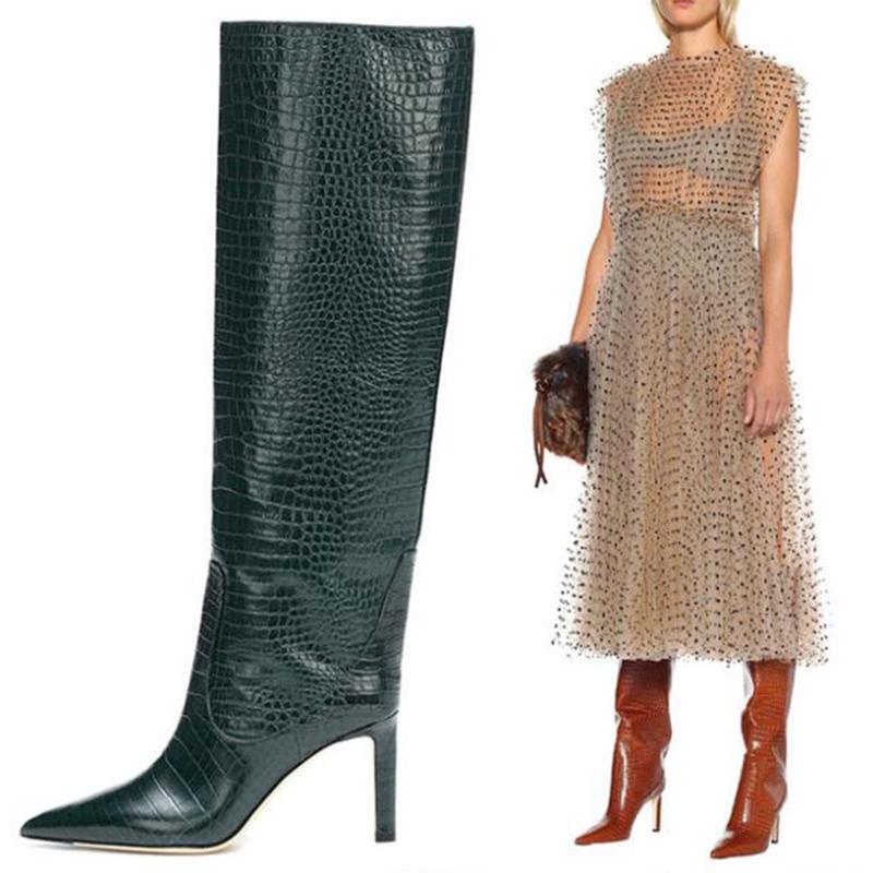 

Fashion Designer Woman Knee-High Boots Sexy Pointed Toe Slip-On Leather Boots Woman Luxury High Heeled Women Size 34-44, Brown