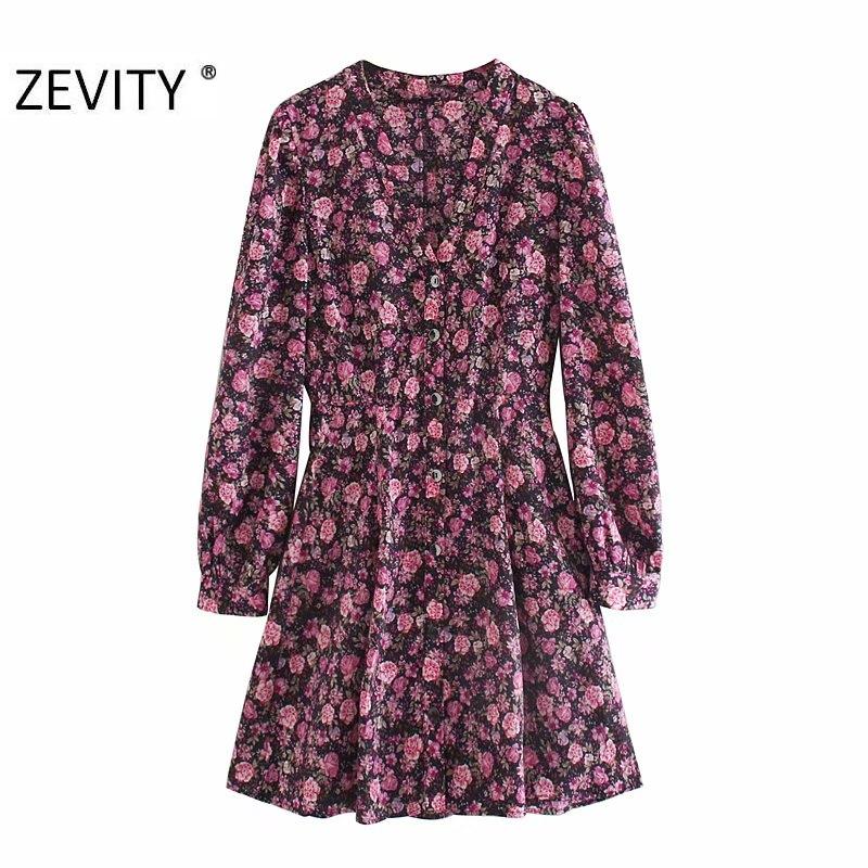 

ZEVITY women vintage v neck flower print casual slim a line dress female long sleeve breasted kimono vestido chic dresses DS4481, As pic ds4481o