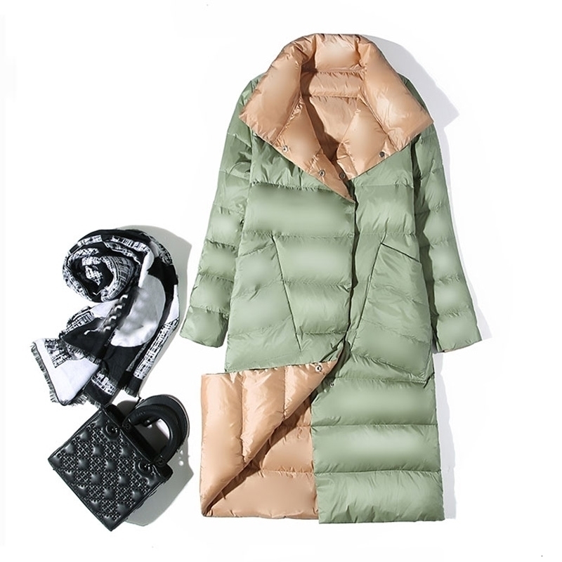 

New Double-faced 2021 Thin Woman Winter 90% White Down Female Jacket Breasted Hot Parka Snow Outwear JW7T, Beige