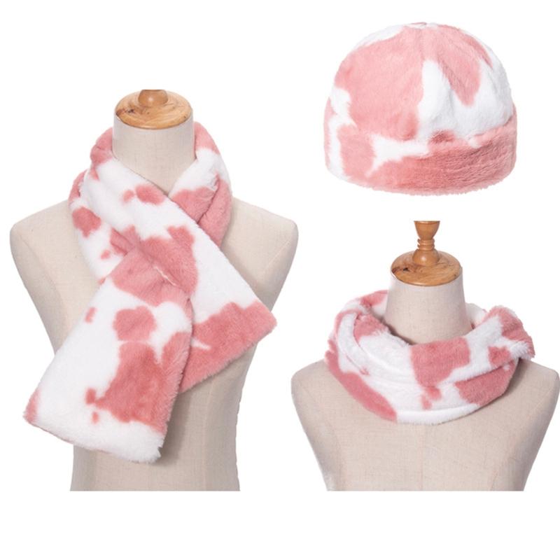

3 Piece Unisex Winter Fluffy Plush Beanie Skull Hat with Scarf Set Cow Printed Windproof Thicken Snow Ski Neck Warmer