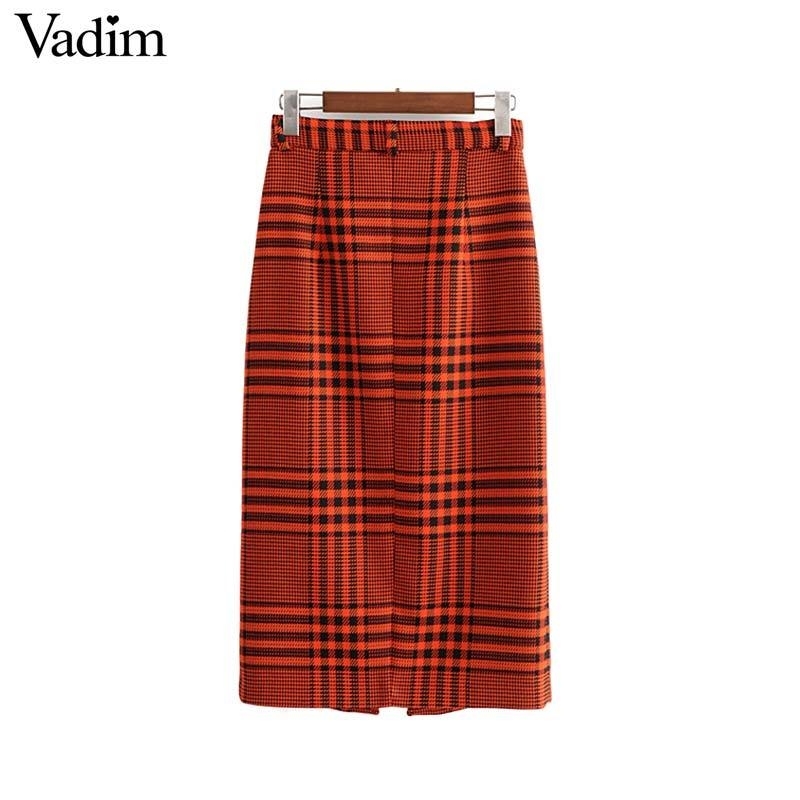 

Vadim women stylish plaid midi skirt faldas mujer zipper fly front split pockets female casual office wear mid calf skirts BA820 Y200326, Red