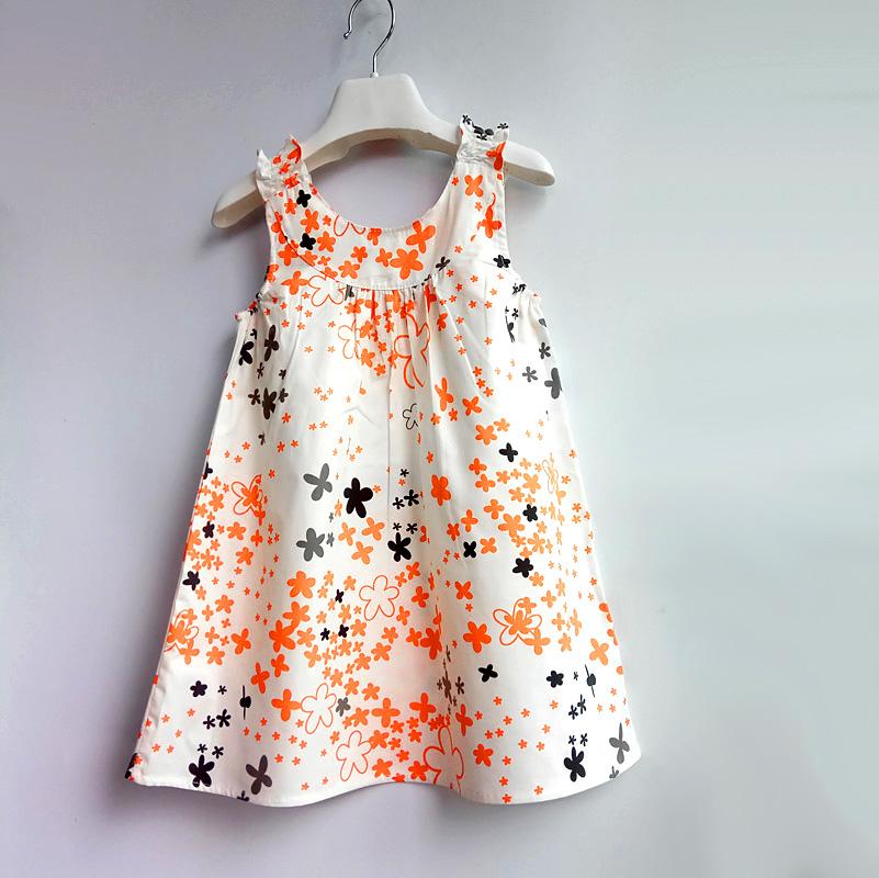 

Children's party princess dress Woven cotton girl dresses Girls Summer Cute Cotton Flower Print Dress girl Holiday Dresses, Orange