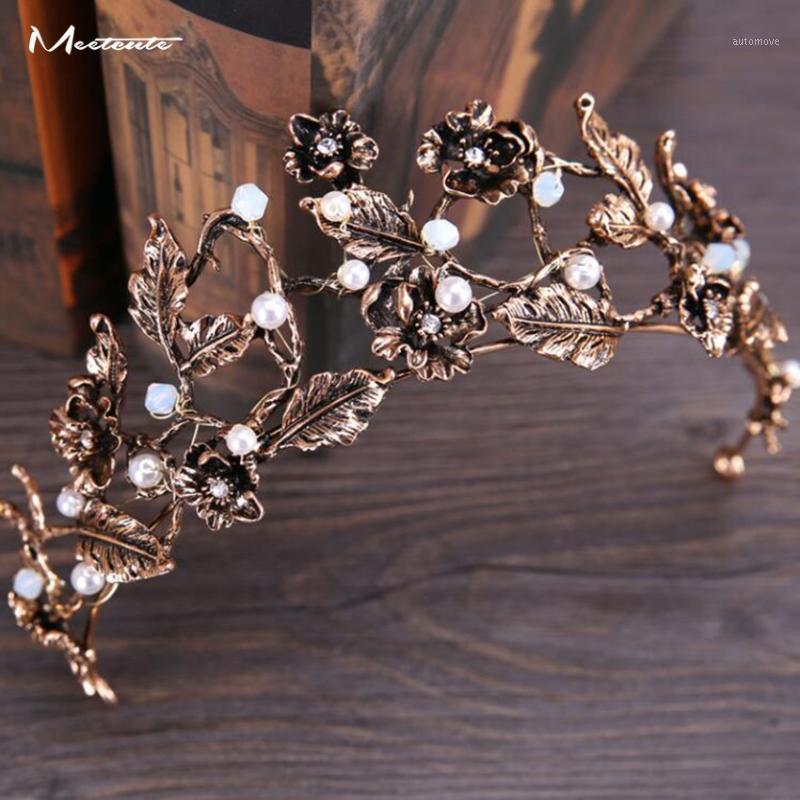 

Meetcute Bronze Imitated Crystal Pearl Wedding Brides Crown Headbands Wedding Hair Accessories Flower Hair Jewelry Bride1