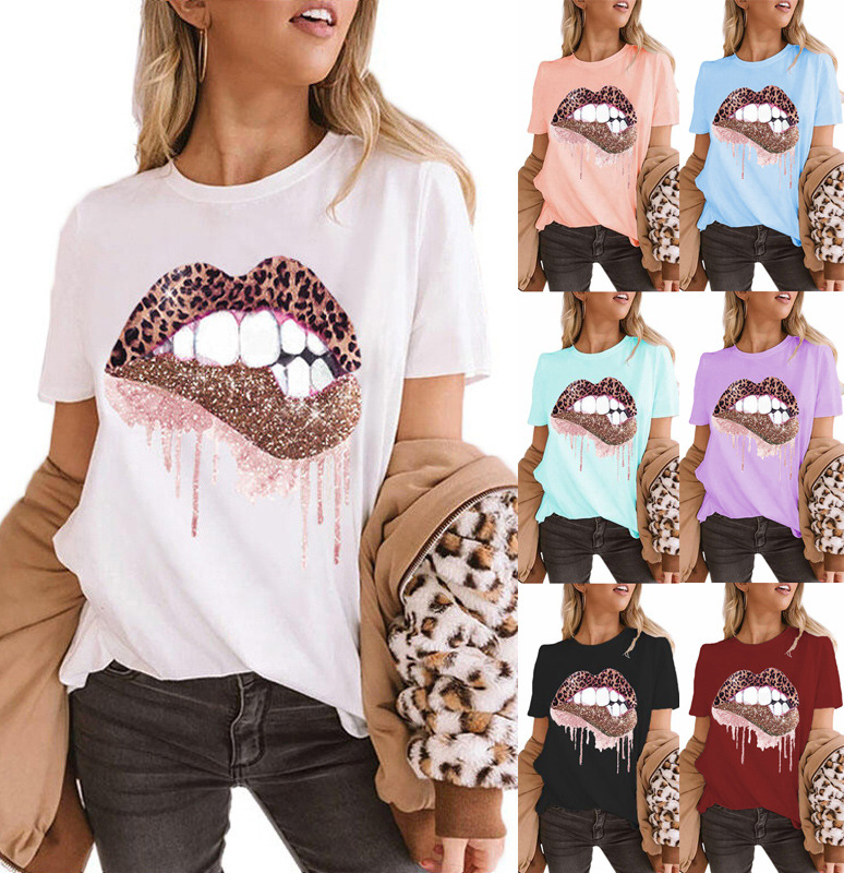 

Women Tshirt Designer Lips Print Cotton T-shirts Summer Short Sleeved Crew Neck T Shirt Blouse Womens Tops Tees -2XL 7 Colors, White