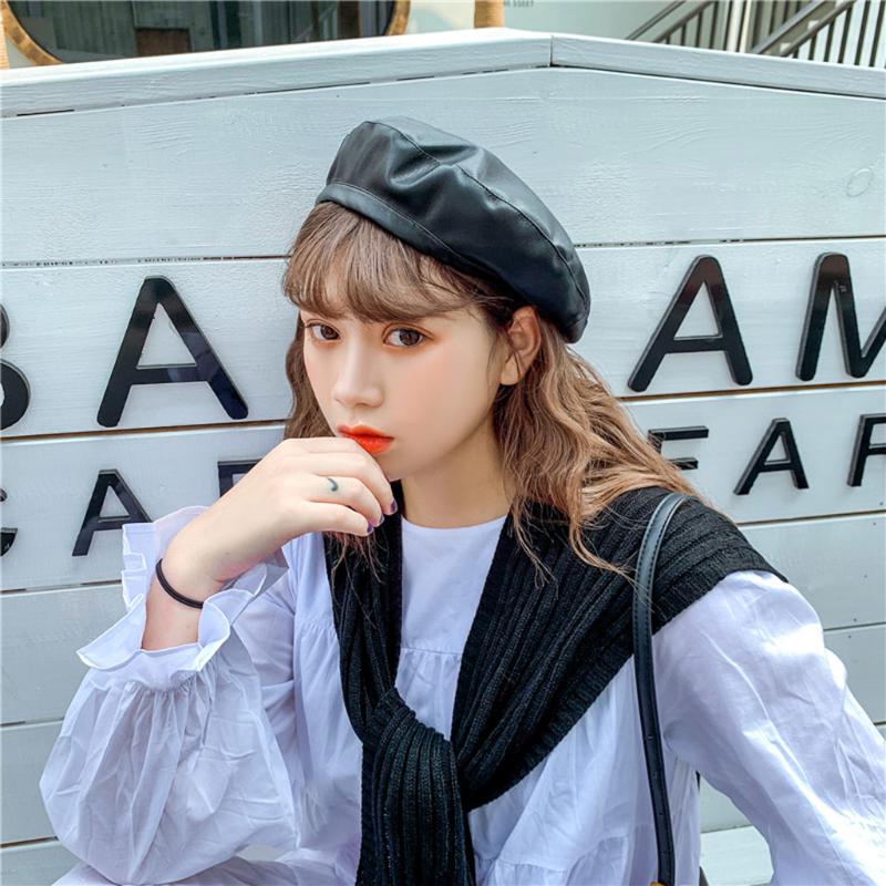 

Beret Caps Female Slouchy PU Unisex Winter Headgear Snow Protection Rainproof Ear Warm Hat British Painter Girls Beret Hat M840#