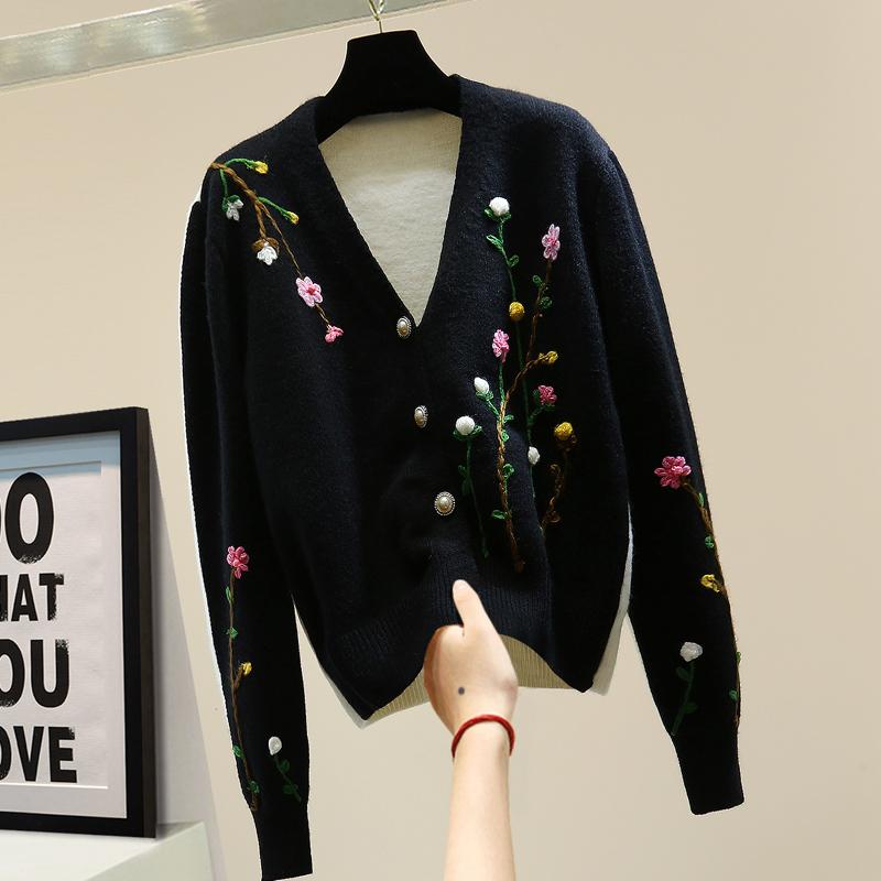 

2020 New Fall Winter Loose Knit Top Vintage Elegant Contrast Color Embroidered Long Sleeve Sweater Womens Knitted Cardigan Coat, Black