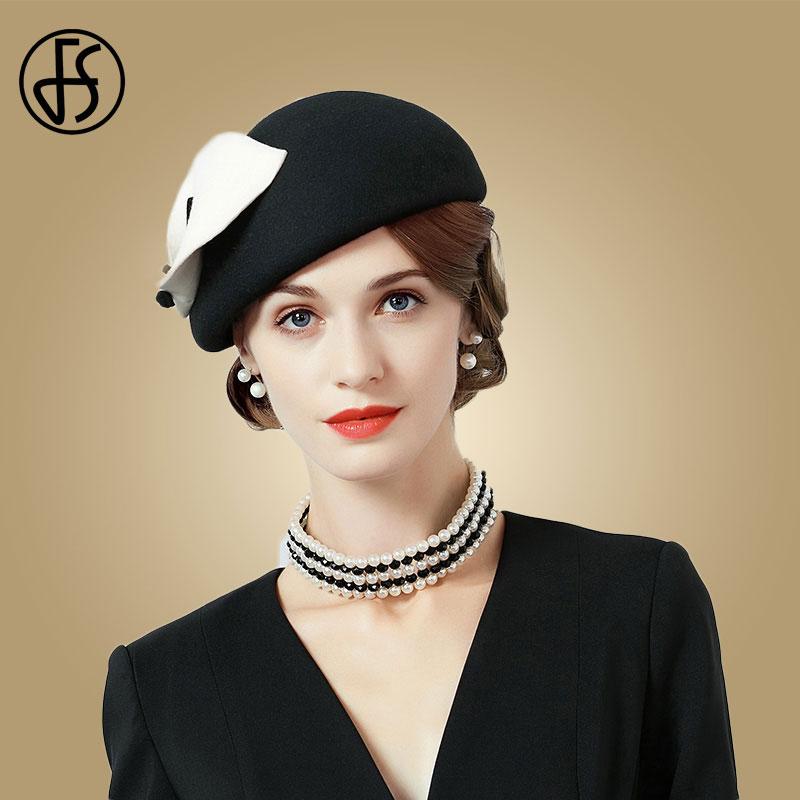 

FS Elegant 100% Wool Fascinator Hat For Wedding Berets Women Fedora 2021 Black Hats Ladies Felt Flower Pillbox Hat Winter