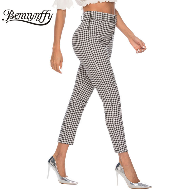 

Benuynffy Vintage Button High Waist Plaid Pants Summer Office Lady Workwear Trousers Women Elegant Side Zipper Pencil Pants 201113, Black