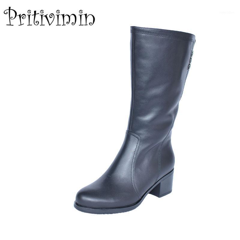 

2020 Fashion girls warm fur mid calf boots new Ladies genuine leather handmade shoes women winter footwear Pritivimin FN241, Black