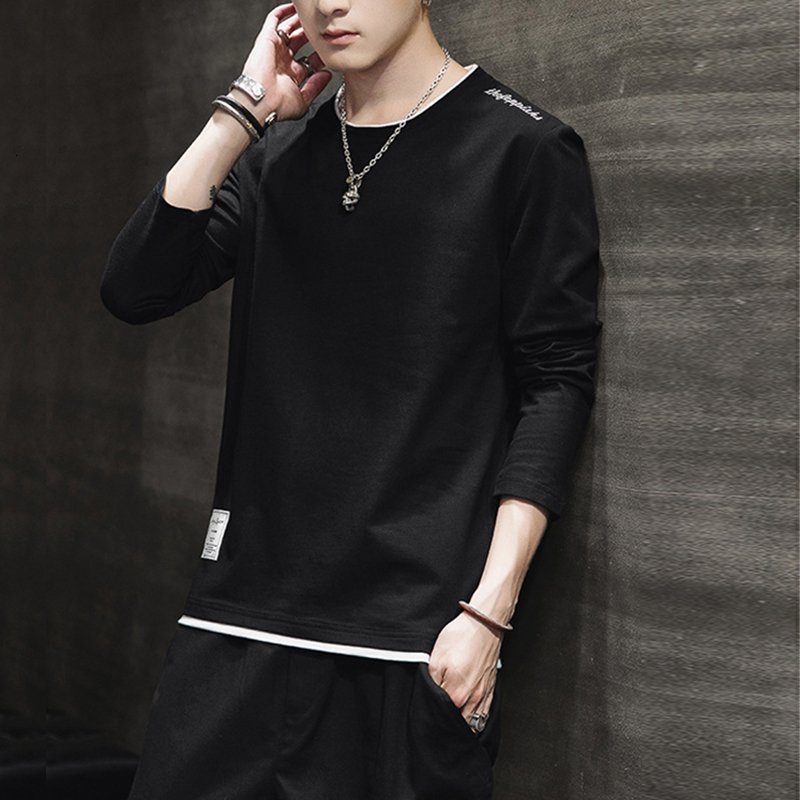 

2021 Solid Color Men White Long Sleeve Korean Hip Hop Oversized Man Casual Tee Men's Streetwear t Shirts Arrival Hbu6, Black