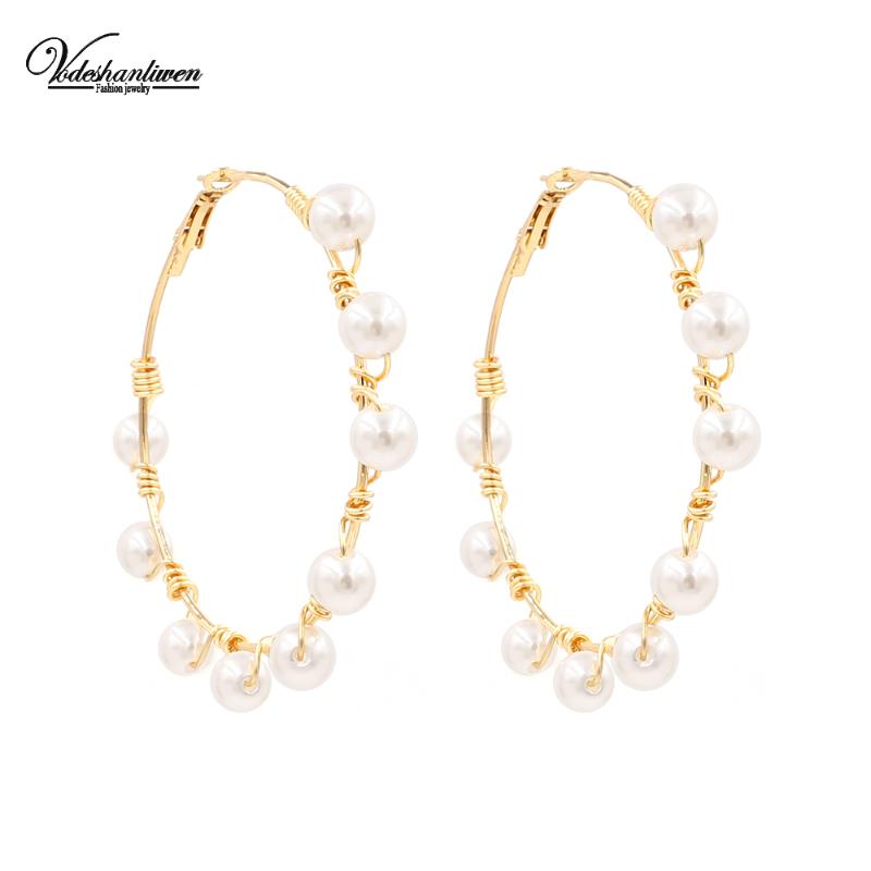 

Vodeshanliwen New Simulated pearl Big Hoop Earrings For Women Fashion Boho Statement Earrings Wedding Jewelry Party Gift