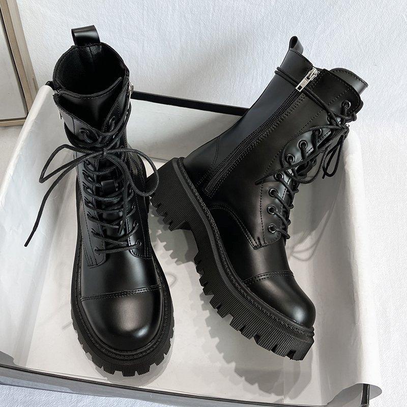 

Women's Boots Pocket Lace Up Ladies Ankle Boots Female Combat Army Chunky Heel Zipper Short Boot Woman Platform Shoes New, Black