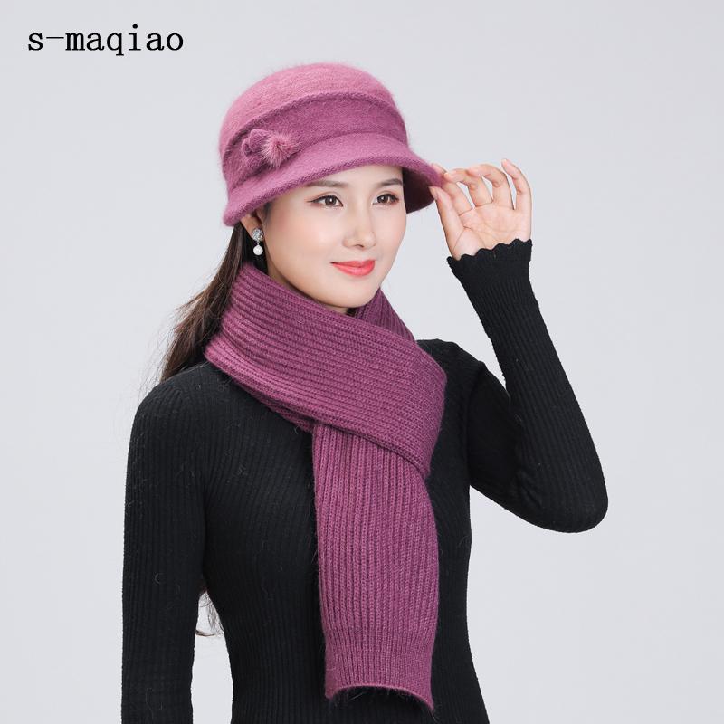 

New Wool Winter Hat For Women Fur Blend Basin Cap Beanie Knitted Cap Scarf Set Skullies Hats Velvet Elegant Mother Hat, Purple hat