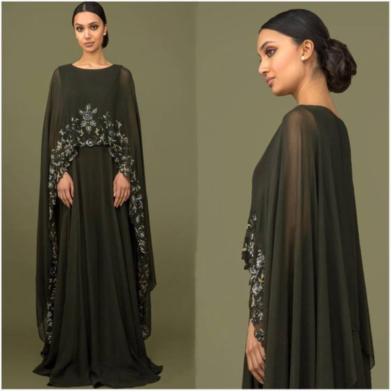 

Elegant Black Arabic Muslim Mother of the Bride Dresses With Cape Long Wrap Appliqued Lace Chiffon Groom Mothers Prom Wedding Guest Gowns