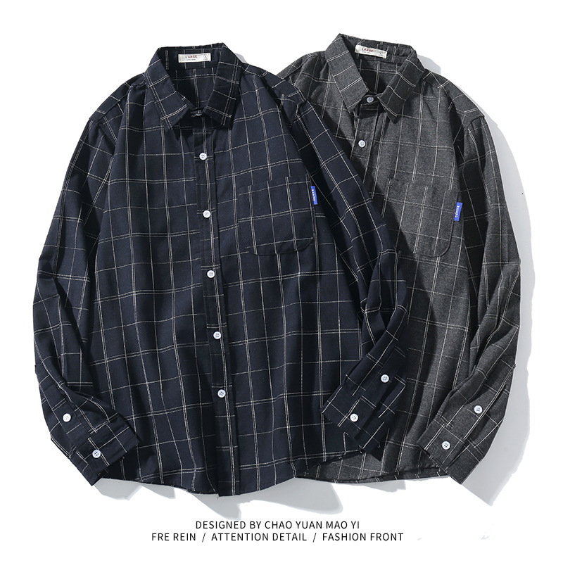 

Trendy ape new spring 2021 men' Plaid Long Sleeve Lapel Shirt casual coat, Navy blue