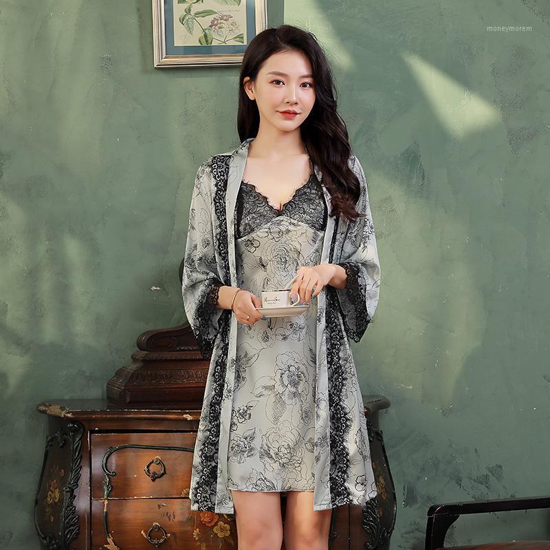 

Women Nightdress 2021 Spring Summer Ice Silk Sling Nightgown Robe Sets Female Elegant Sexy Lace Pajamas Sleepwear Lady Homewear1, 03