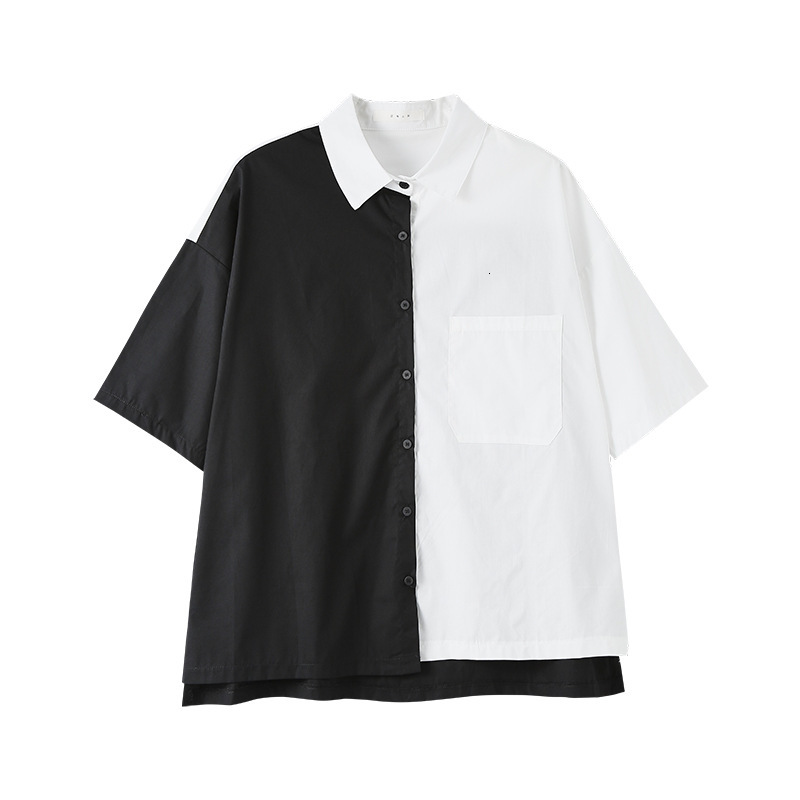 

2021 New Women's blouses cotton will see street clothes shoulder-mounted short design sense black and white contrast female color Q619