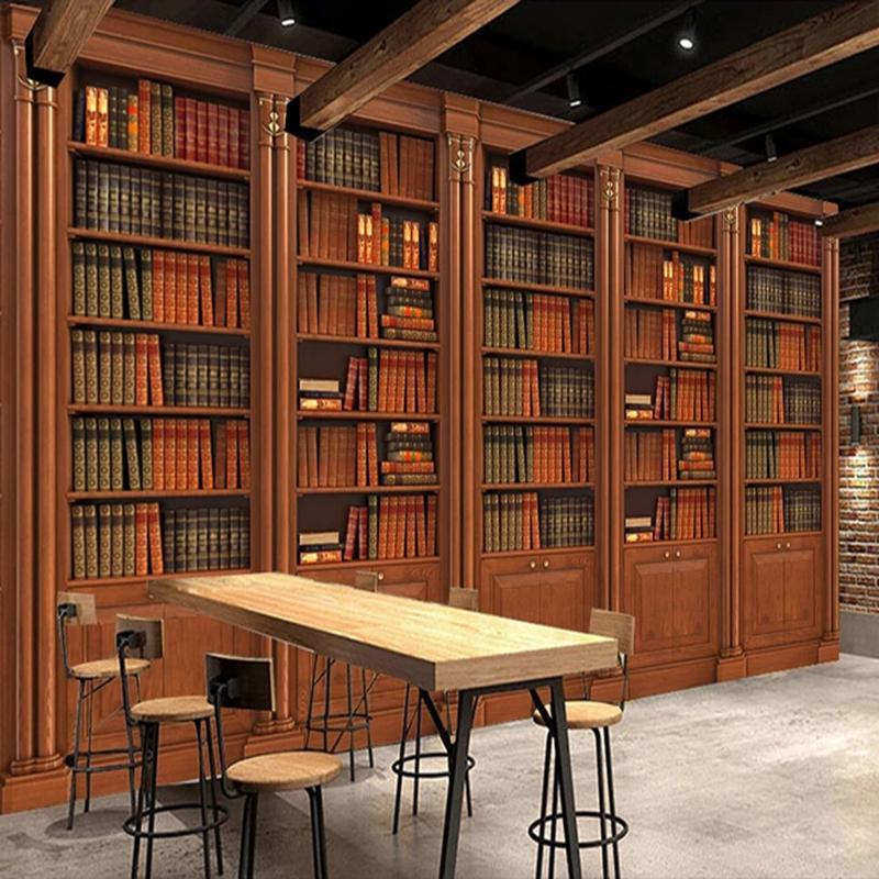 

Custom Wallpaper 3D Stereo Bookshelf Bookcase Photo Mural European Retro Study Library Cafe Bar Decorative Wall Painting Murals, As pic