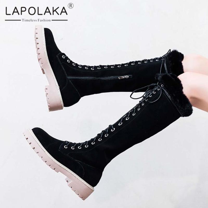 

Lapolaka 2021 New Design Black Apricot Plush Warm Winter Snow Boots Woman Shoes Thick Heels Skidproof Cross Tied Boot Lady Shoes1, Black short