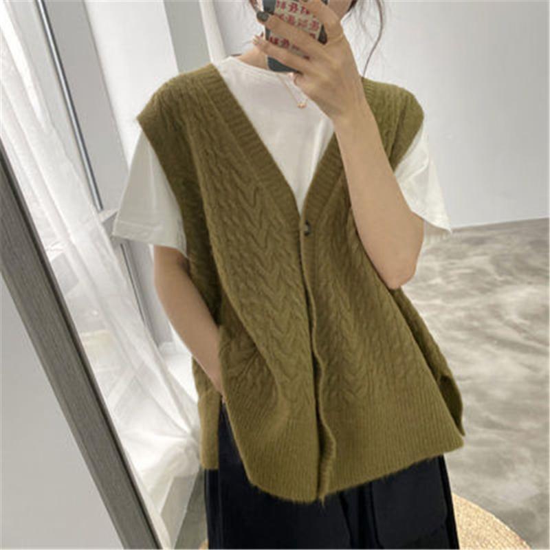 

Women's Vests 2022 Spring Vest Waistcoats Women Knit Solid Loose Korean Style Side-slit Fashion Students Womens Sleeveless All-match Z3668, Black;white