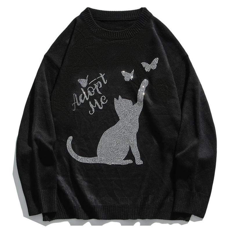 

Mens Cat Rhinestone Sweaters Streetwear 2020AW Women HipHop Unisex Casual Vintage Loose Couple Oversize Pullover Sweater Tops, Black