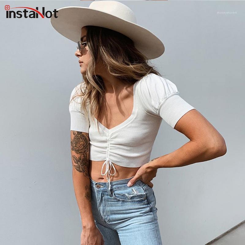 

InstaHot Puff Sleeve Drawstring Ruched T-shirt Ribbed Knitting Cropped Top Summer Short Sleeve Casual Retro Women White Top 20201, Blue