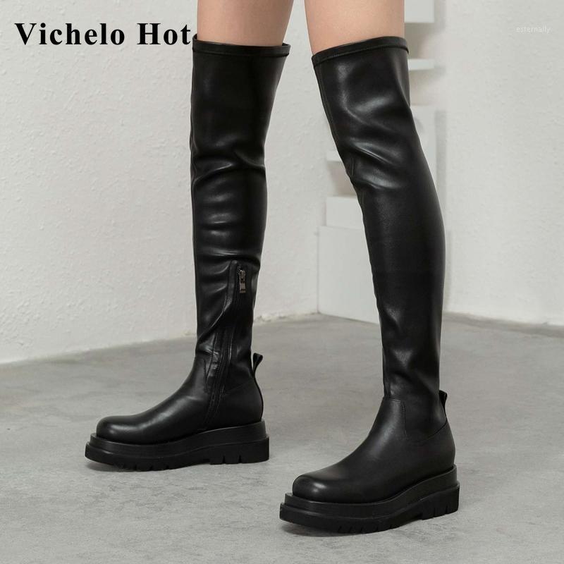 

Vichelo Hot new arrival stretch boots European style mature young lady daily wear fashion cow leather over-the-knee boots L901, Black