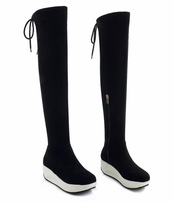 

Ladies Chaussure Women Wedge Shoes Woman Zapatos Mujer Sapato Knee High Boots Mid Med Heels Platform Lace Decor Booties XZ181218, Black