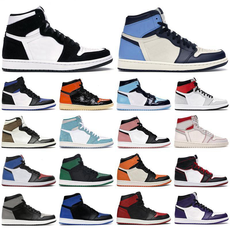 

New 1 high OG shoes 1s mid chicago royal toe black metallic gold pine green black UNC Patent men women Sneakers trainers, Normal size