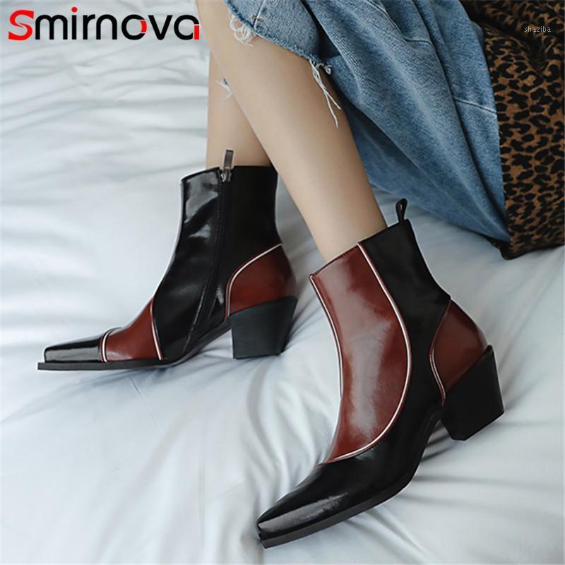 

Smirnova Genuine Leather Footwear Newest Women Ankle Boots Mixed Colors Fashion Brand Thick Heel Cowboy Boots Women 20211, Brown with fur