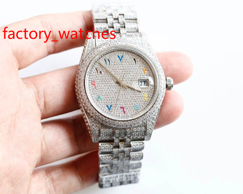 

Fashion Swarovski men diamonds size 40mm silver case Arabic numbers with diamond face glass back automatic 3255 full diamond watches, Gold
