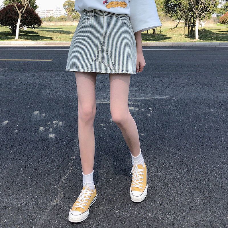 

2021 New summer waist denim Korean style the retro line stripe female skirt mini jeans (x1408) XCL4, Same pictures