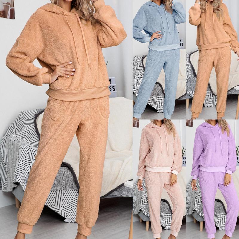 

New Fashion 2pcs Women Long Sleeve Hoodie Pullover Pants Autumn Winter Plush Warm Outfit Homewear Tracksuits Set, Blue