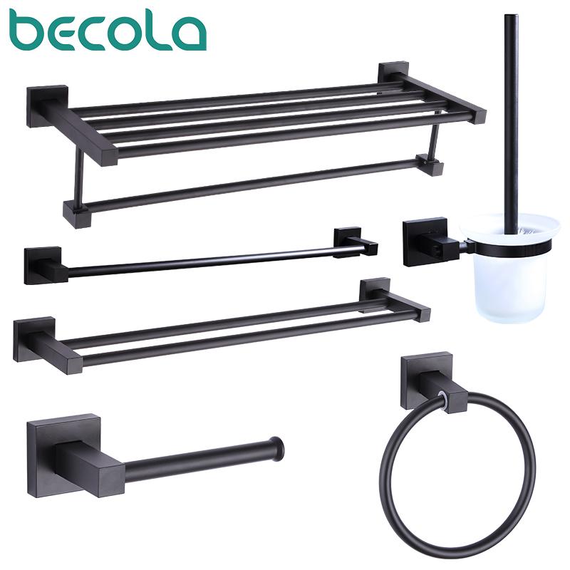 

55CM Matte Black Double Towel Bars Bathroom Towel Hanger Space Aluminum Bathroom Accessories Rack Ring Toilet Brush