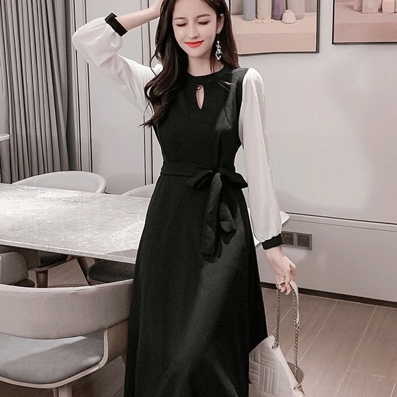 

2021 New autumn Korean style crew neck impression mid retro waist elegant length fashion splicing fresh sweet sleeve dress 14AX, Black