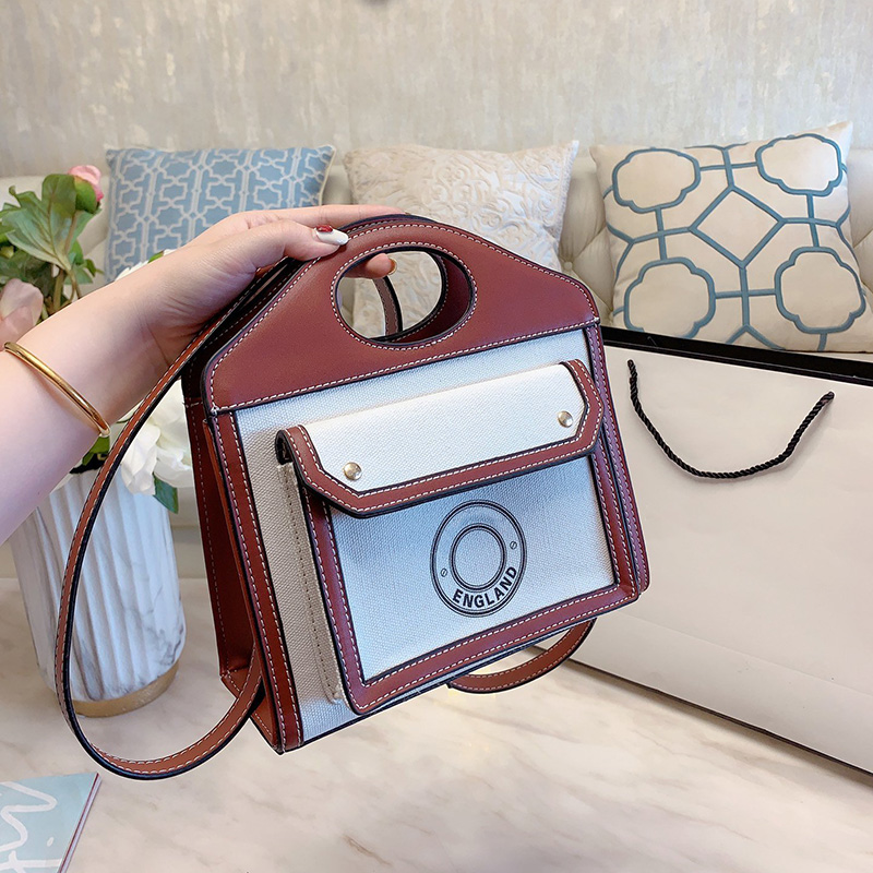 

Fashion Mini Two-tone Canvas and Leather Pocket Bag Women Handbags Top Leather Handles Crossbody Bags 100% Calfskin Shoulder Bags with Box
