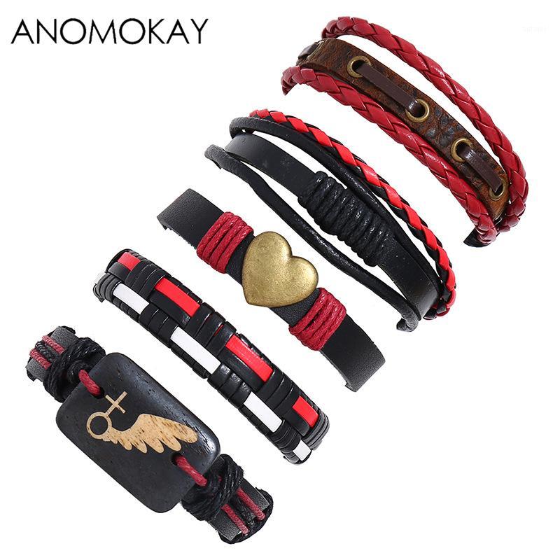 

5 Pcs/Set Anomokay Punk Series Handwork Weave Leather Strap Bracelet Heart Decoration Vintage Bracelet for Men Casual Gift1
