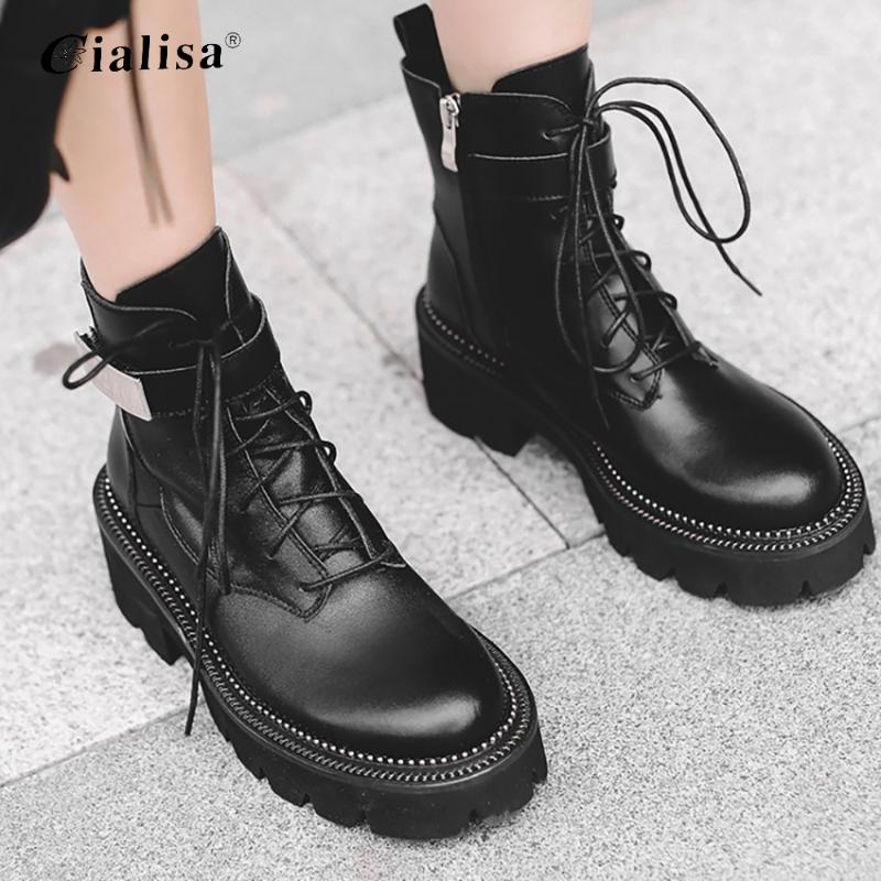 

CIALISA Women Shoes 2020 Fashion Design Genuine Leather Round Toe Chunky Lace Up Motorcycle Boot Autumn Winter Boots For Women, White